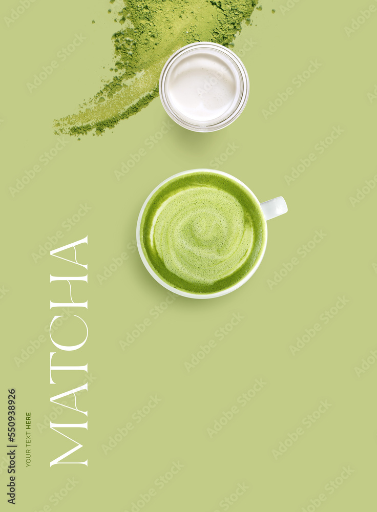 Creative layout made of matcha tea, powder and milk on the green background. Flat lay. Food concept.