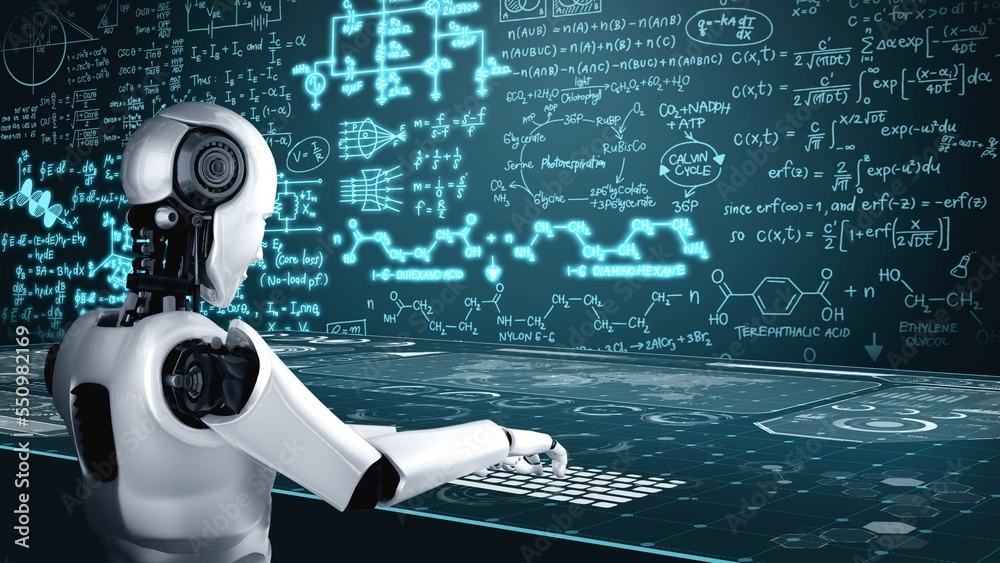 人类机器人使用笔记本电脑，坐在桌子旁，利用人工智能思维大脑进行工程科学研究