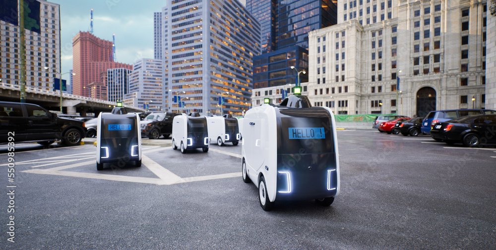 自动送货机器人在停车场待命，智能物流技术概念，3d渲染