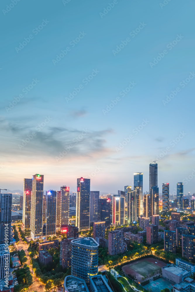 中国南京现代建筑景观夜景航拍