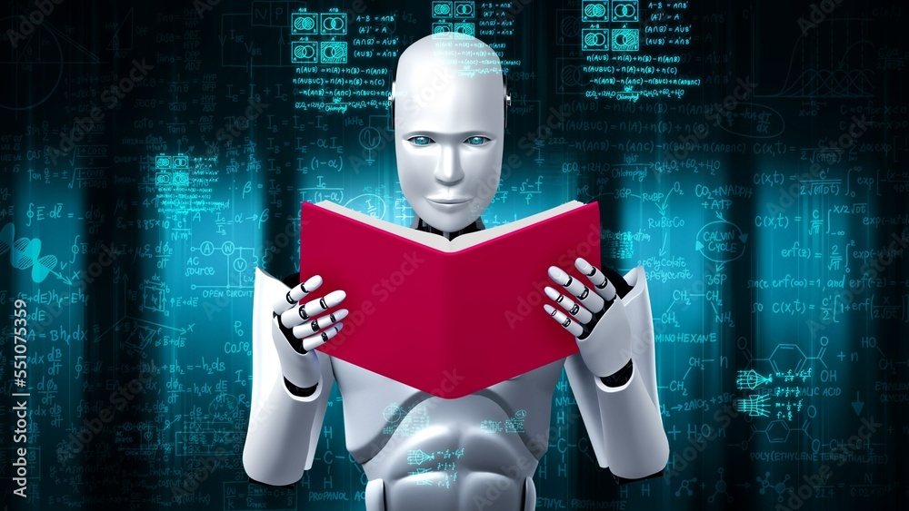 未来垫概念中机器人类人阅读书籍和解决数学数据分析的3D渲染