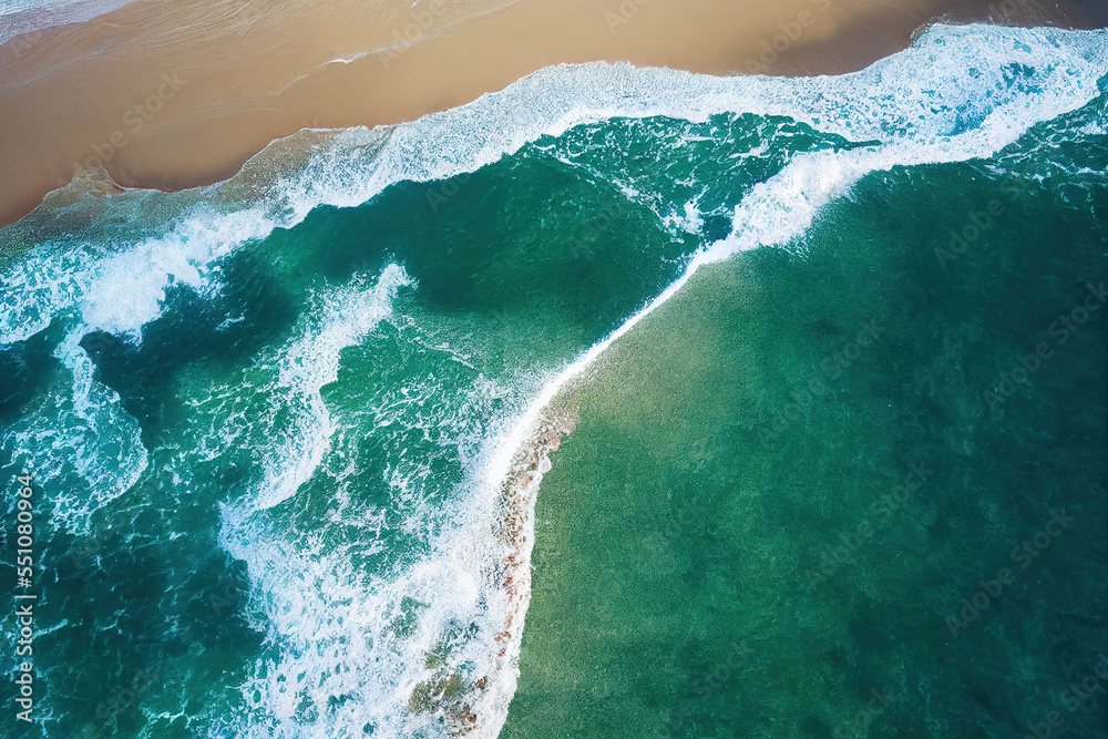 AI generated image top view from drone photo of beautiful beach with relaxing sunlight, sea water wa