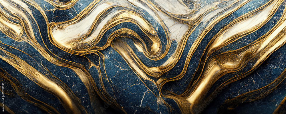 Splendid modern marbling painting abstract design of blue and gold wavy veins pattern texture marble