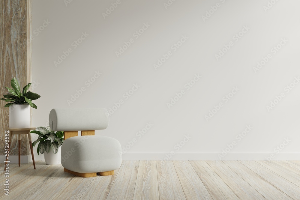 现代极简主义室内设计，白色空墙背景上有一把灰色扶手椅。