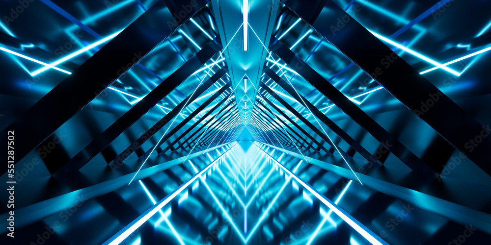 发光的黑暗隧道，3d渲染。