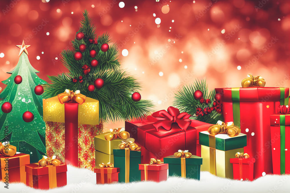 用礼盒堆、缎带和壮观的圣诞树装饰圣诞节
