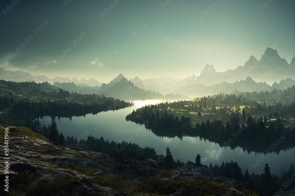Mountain river landscape green forest for natural beauty background concept in AI generated image di