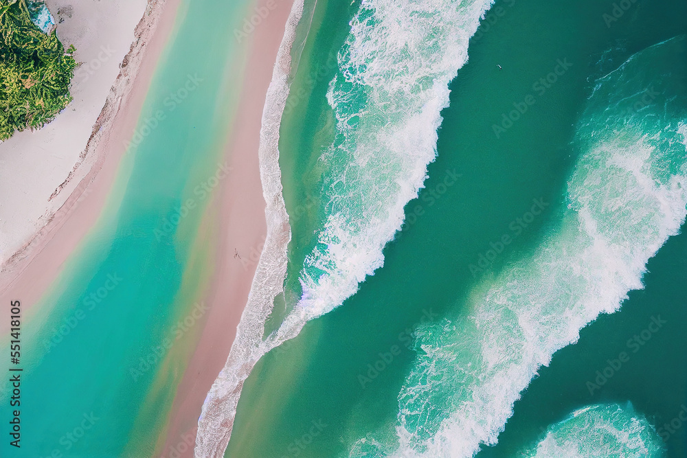人工智能生成的图像俯视图来自无人机拍摄的美丽的粉红色海滩，阳光明媚，海水潺潺