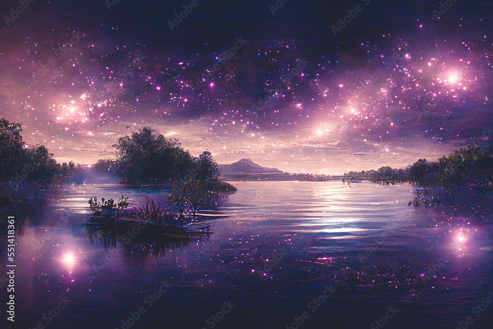 Starry night lake with bright star shine in the sky horizon reflecting on silky lake with splendid n