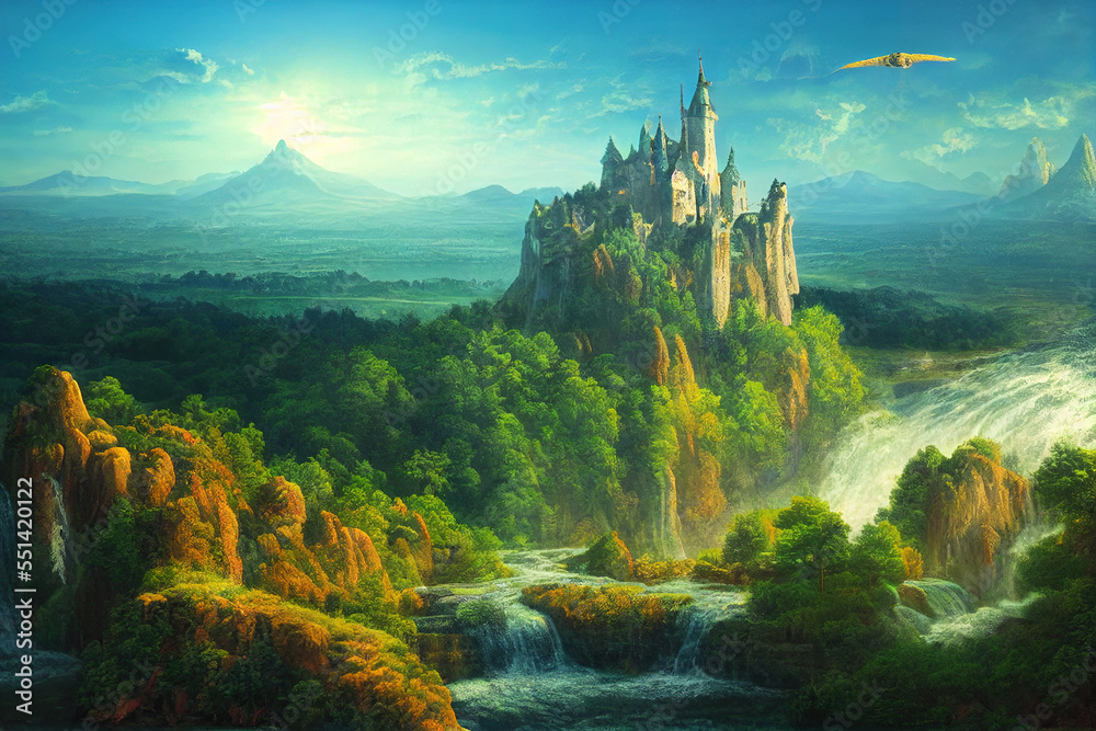 美丽的数字艺术AI生成的瀑布上的梦幻童话城堡的图像，有山丘和mo