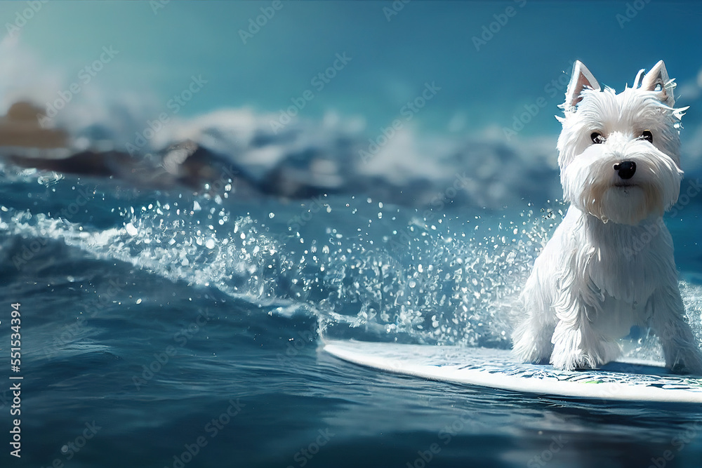 AI generated west highland white terrie look at camera on surfboard, wave with sea water splashing d