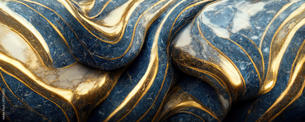 辉煌的现代大理石花纹绘画蓝色和金色波浪纹图案纹理大理石的抽象设计