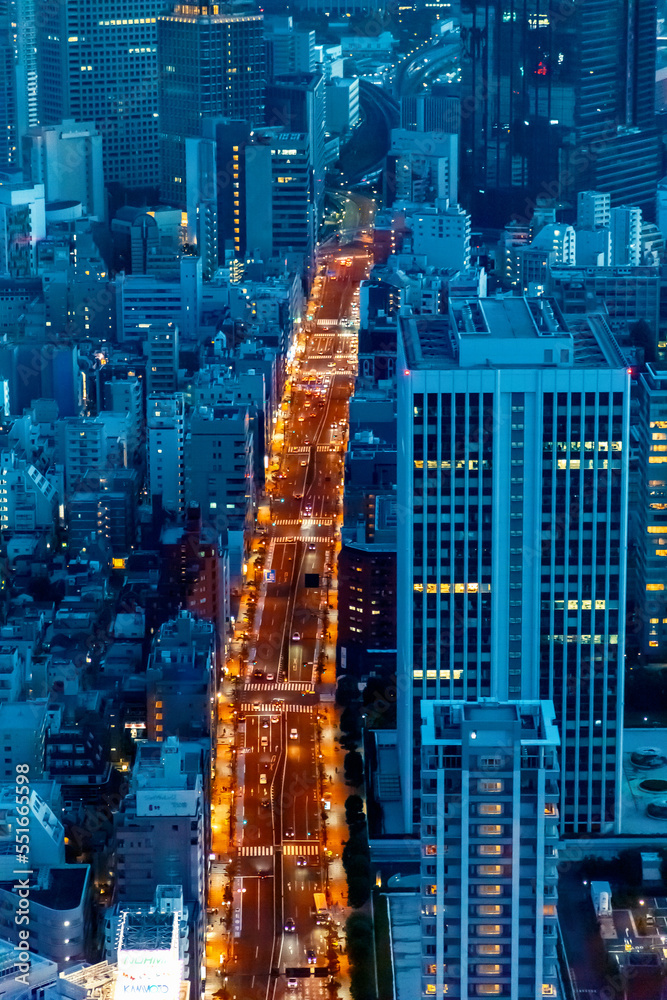 日本东京都港区日落时的天际线和城市景观鸟瞰图