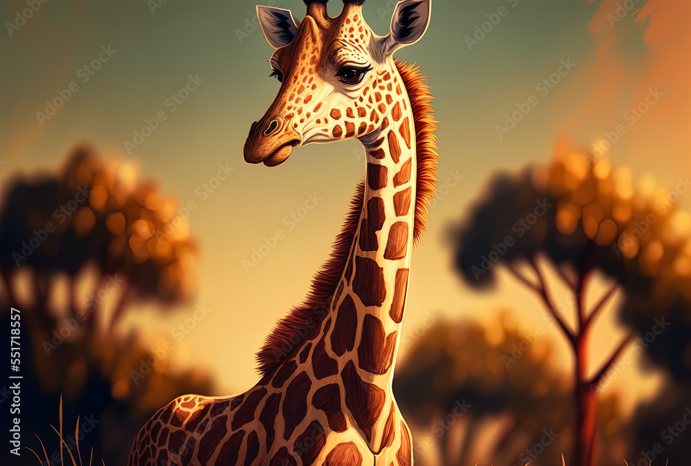一只可爱的小长颈鹿的非洲动物自然漫画…生成AI