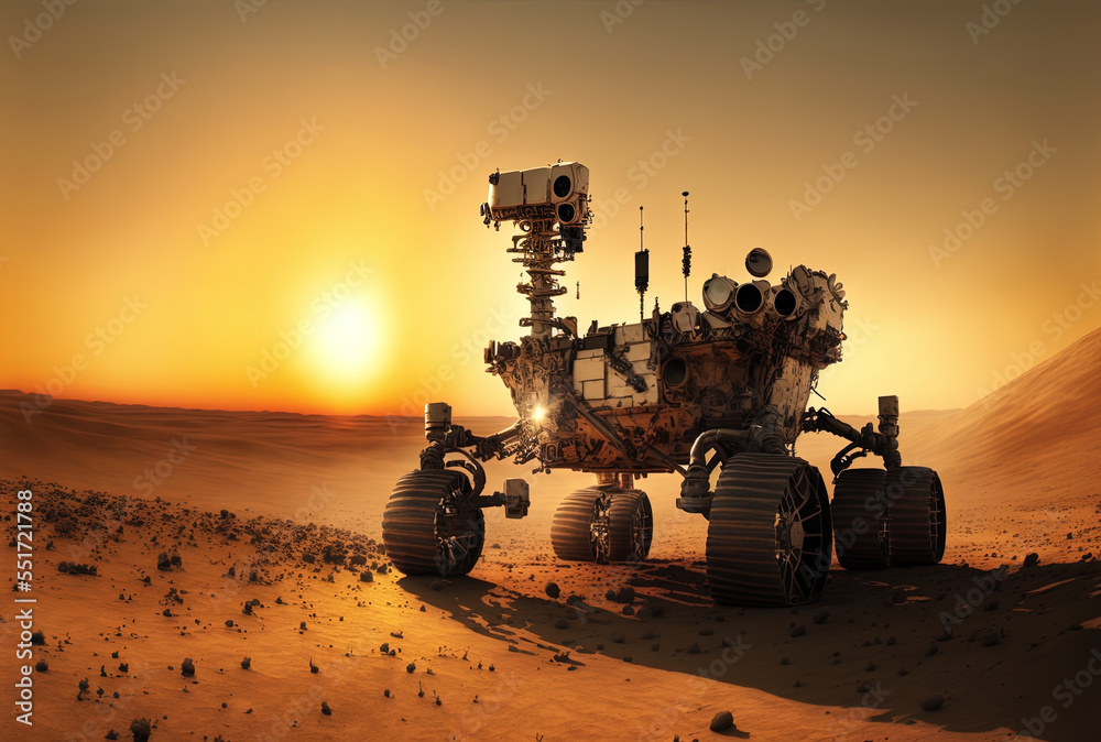 当太阳落山时，火星车在行星平原上漫游。提供了这些图像组件