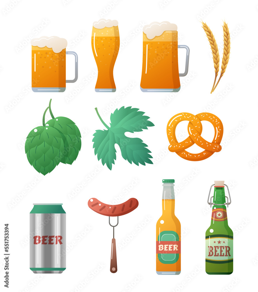 Set of brewing ingredients, beer bottle, mug and snacks. Glass beer mugs with overflowing froth, bot