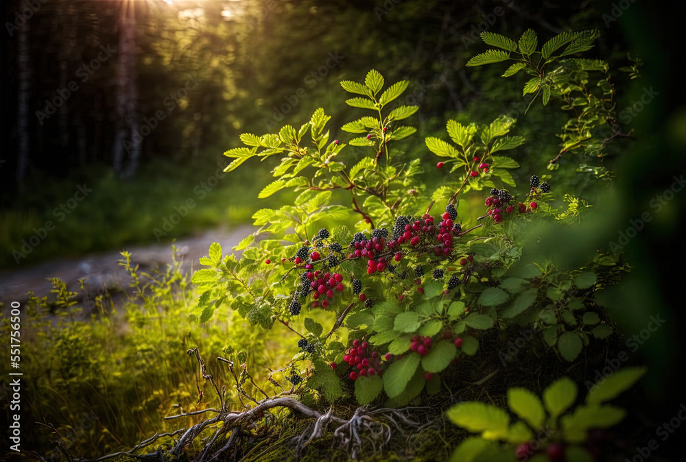 仲夏时节在斯堪的纳维亚北部林地收获野生浆果，自然背景，复制sp