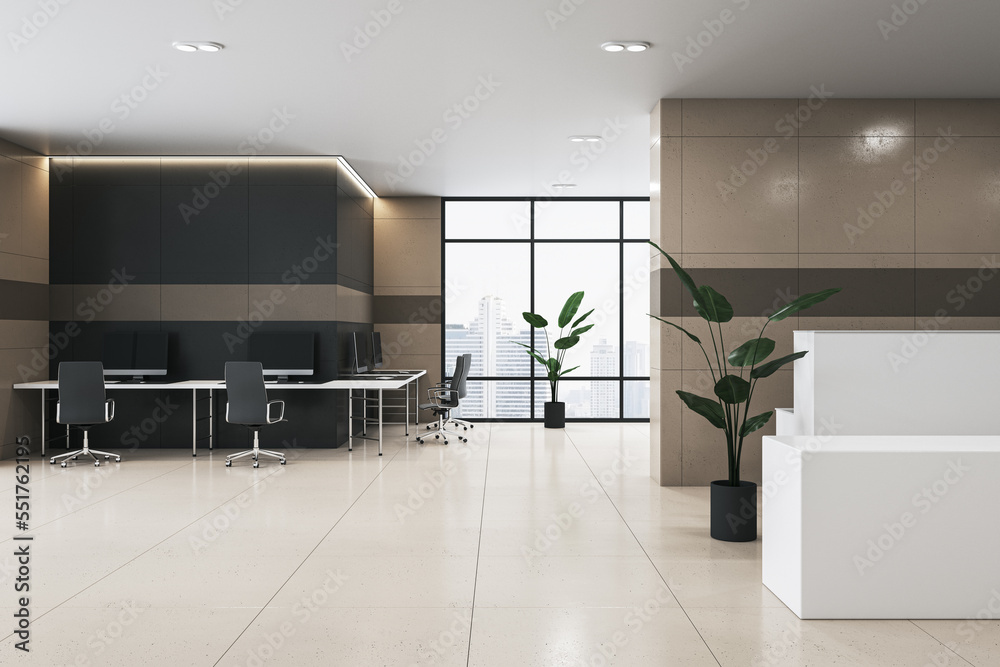 Contemporary office lobby interior with furniture, reception desk, window with city view and tile fl