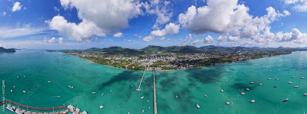 Panorama Chalong pier with sailboats and other boats at the sea,Beautiful image for travel and tour 