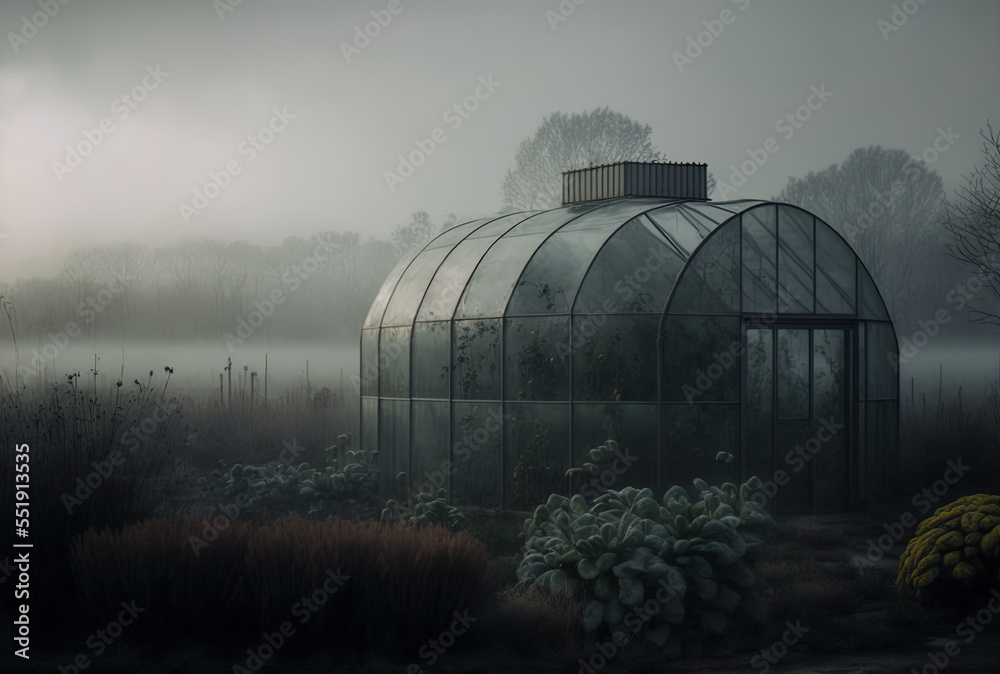Against a foggy sky, a greenhouse. Generative AI