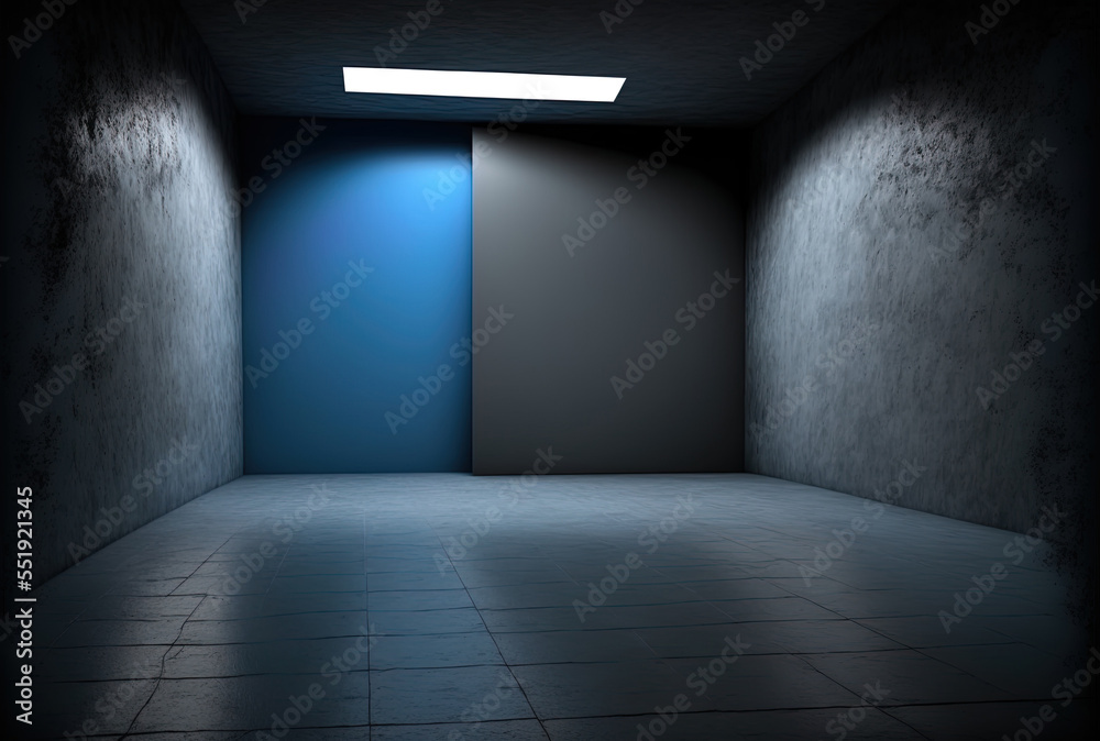 工作室背景和一个贫瘠房间的平面图，黑色混凝土墙和蓝色柔和的灯光。