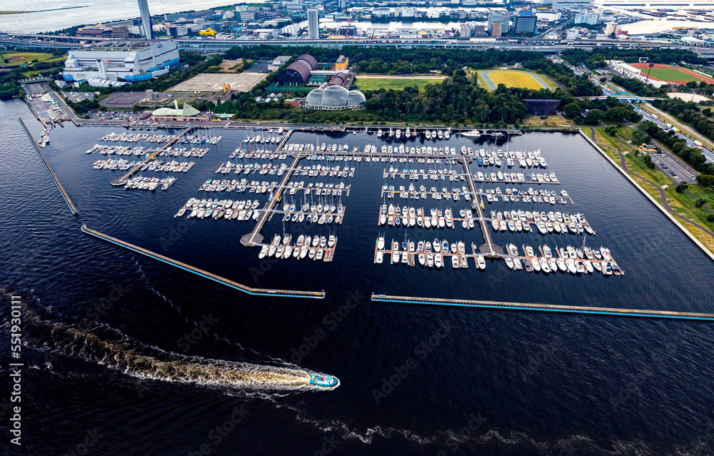 Yumenoshima Marina boats docked in Koto city, Tokyo, Japan