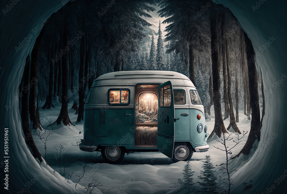 在冬季远足中，可以看到一辆开着门的露营车穿过林地。