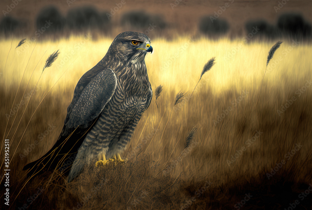 A lone goshawk is seen amid a field of dry grass with a fuzzy surface. Generative AI