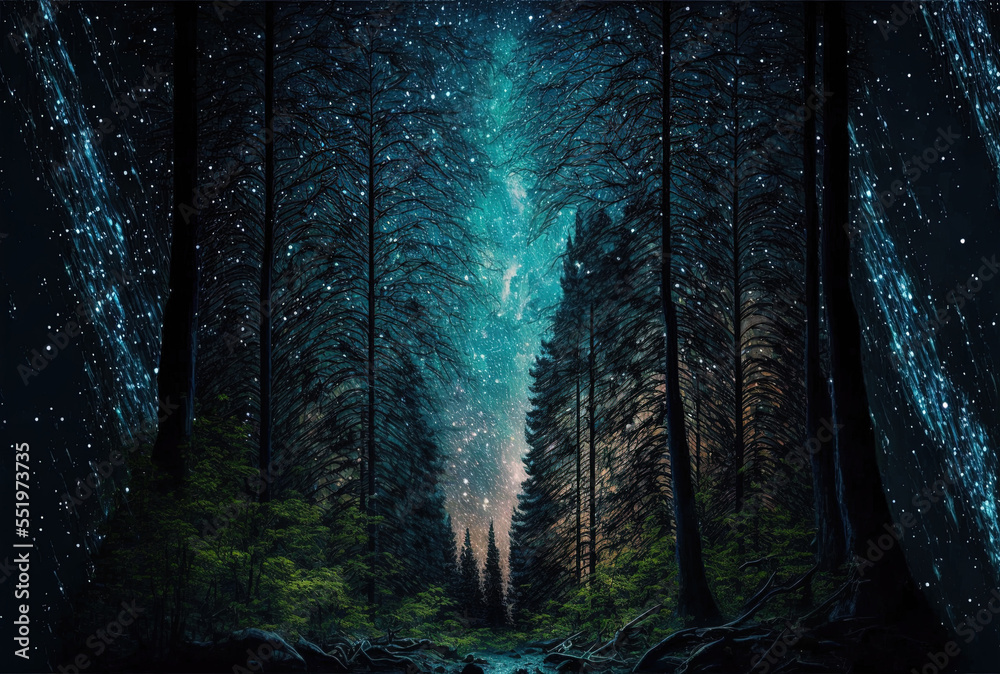 of a forest scene with a starry sky. Generative AI