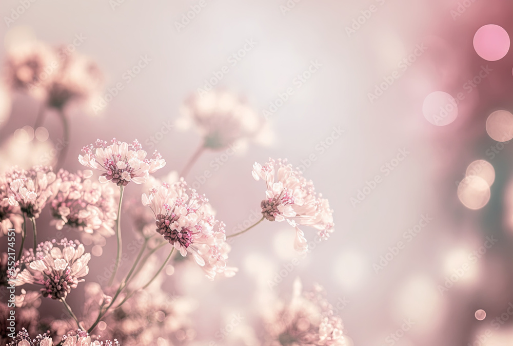 粉色小花背景，具有美丽、精致、柔软的感觉。垂直复制空间。生成AI