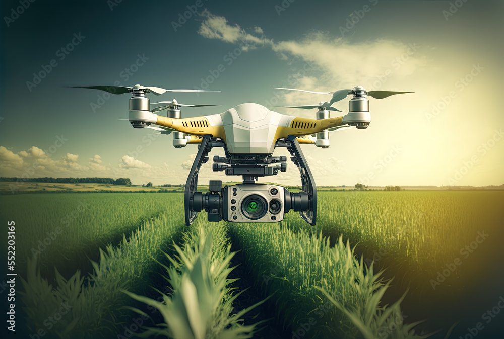无人机四旋翼机，带高质量数码相机，飞越绿色玉米地，a世代
