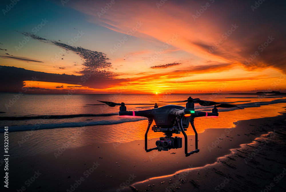 日落时的无人机飞行日落时的四旋翼无人机飞行。生成人工智能