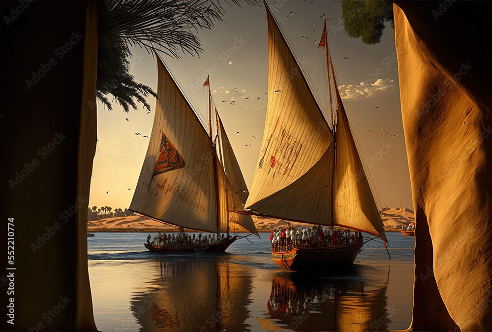 Traditional Egyptian sailing vessels known as feluccas may be seen at Luxor, Egypt, on the Nile Rive