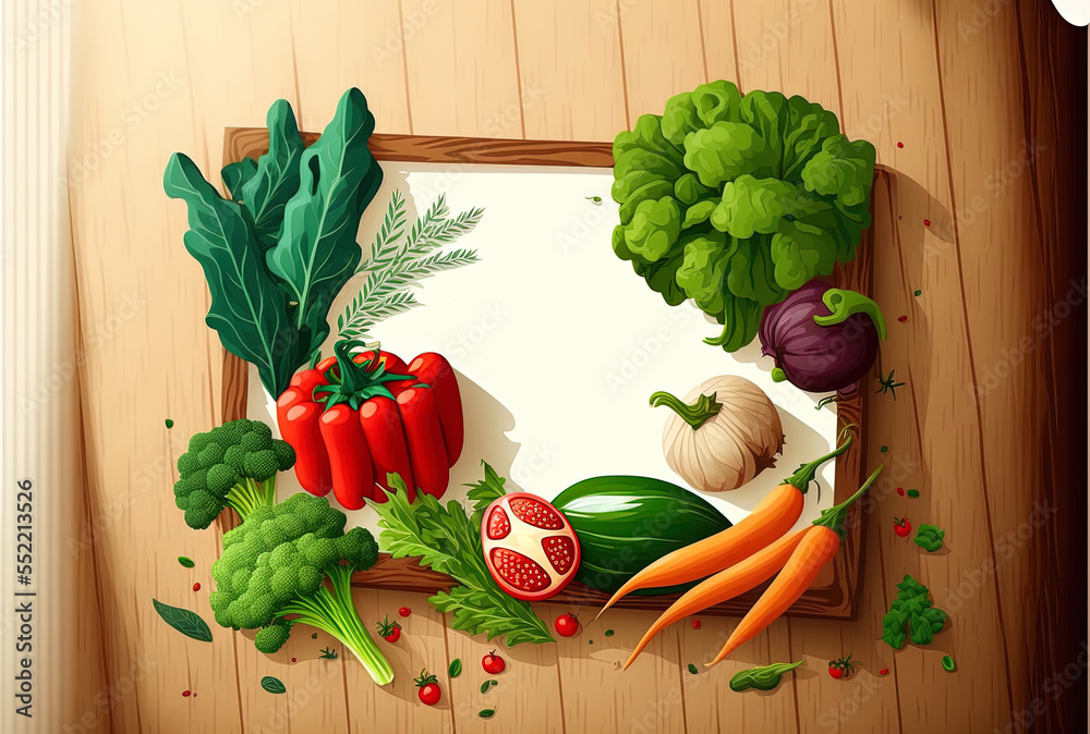 Top view of fresh, organic veggies against a background of white boards. wholesome food idea. Genera