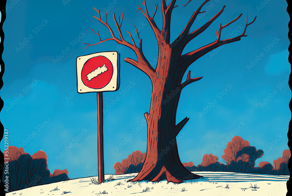 In front of a barren tree and a blue sky, there is a red stop sign. Generative AI