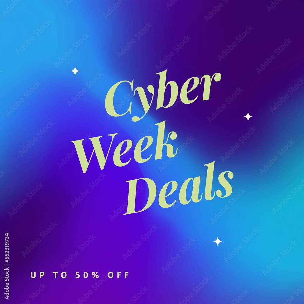 Image of cyber week deals text on purple to blue background