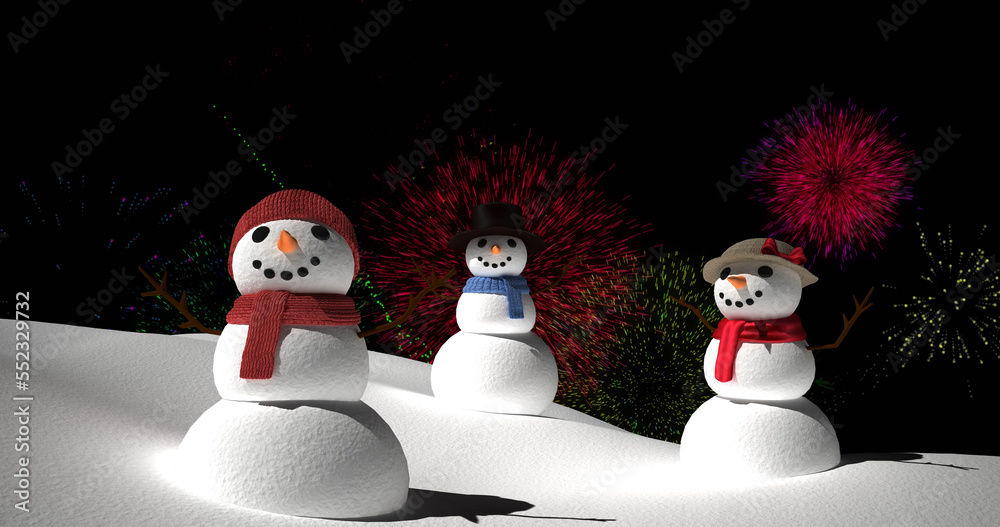 Image of colourful fireworks exploding over christmas snowmen on black background