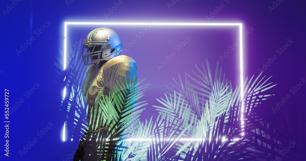 美国足球运动员的侧视图，由照亮的矩形和蓝色背景上的植物拍摄
