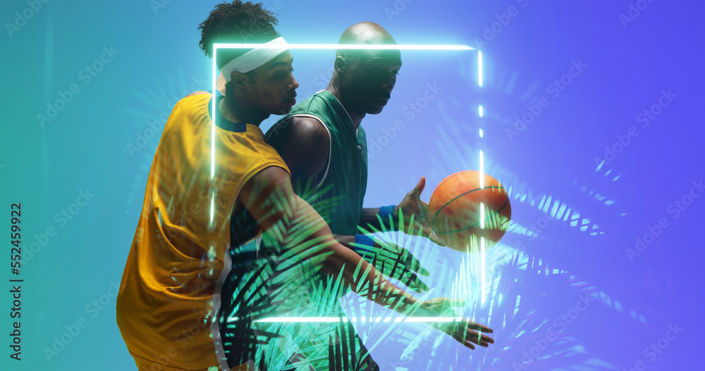 African american players defending basketball ball from opponent by illuminated circle and plants