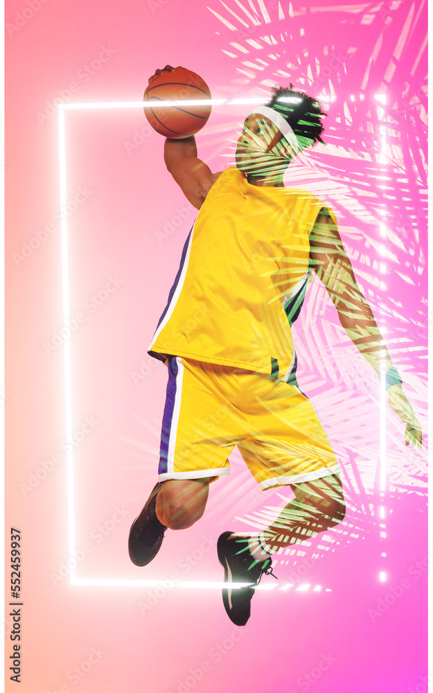 Composite of biracial basketball player jumping and taking a shot with ball by rectangle and plants