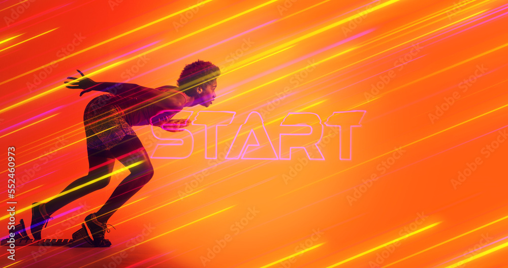 Side view of biracial female athlete running by start text over illuminated long exposure of lights