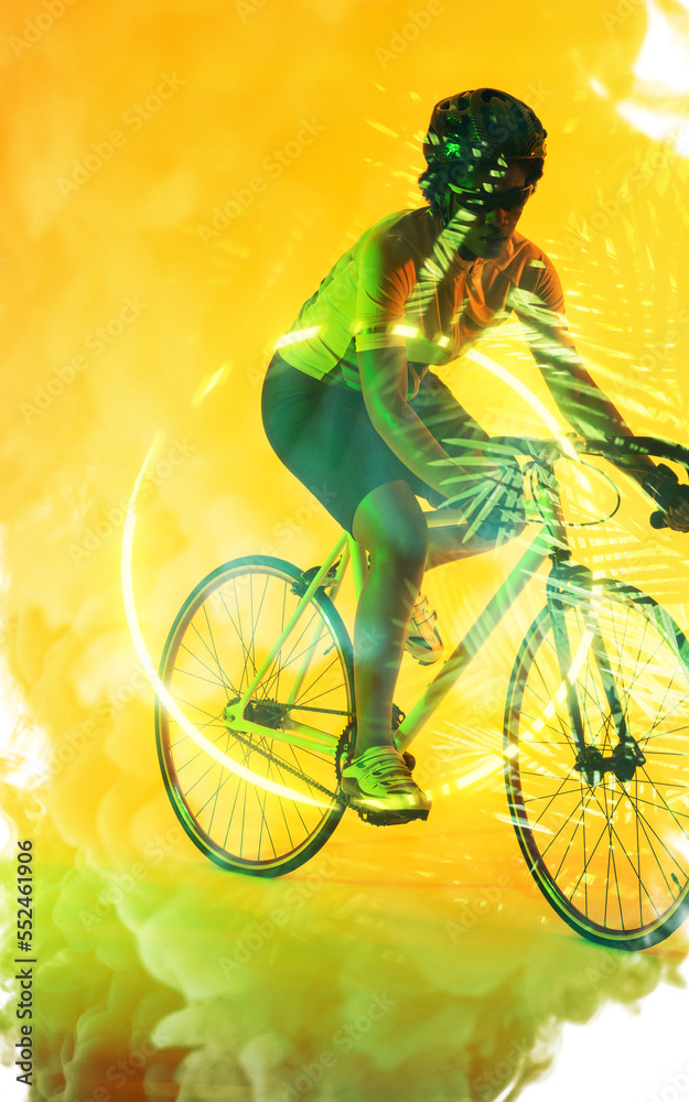 Composite of african american female cyclist riding over leaf pattern on yellow background
