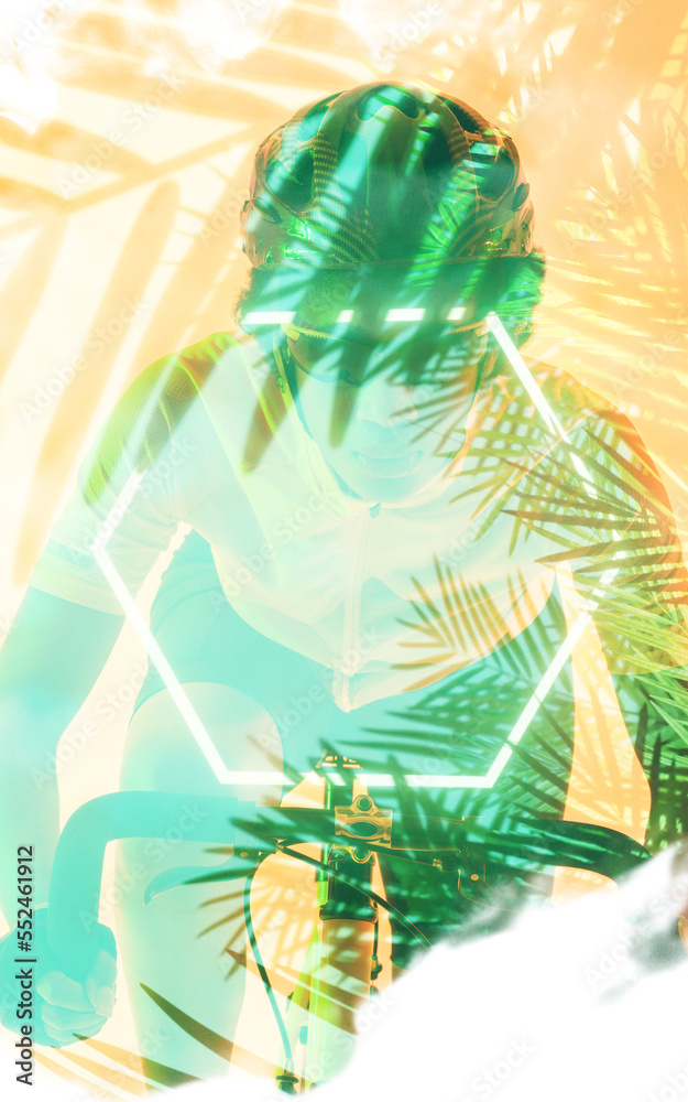 Multiple exposure of determined young african american female cyclist riding over leaf pattern