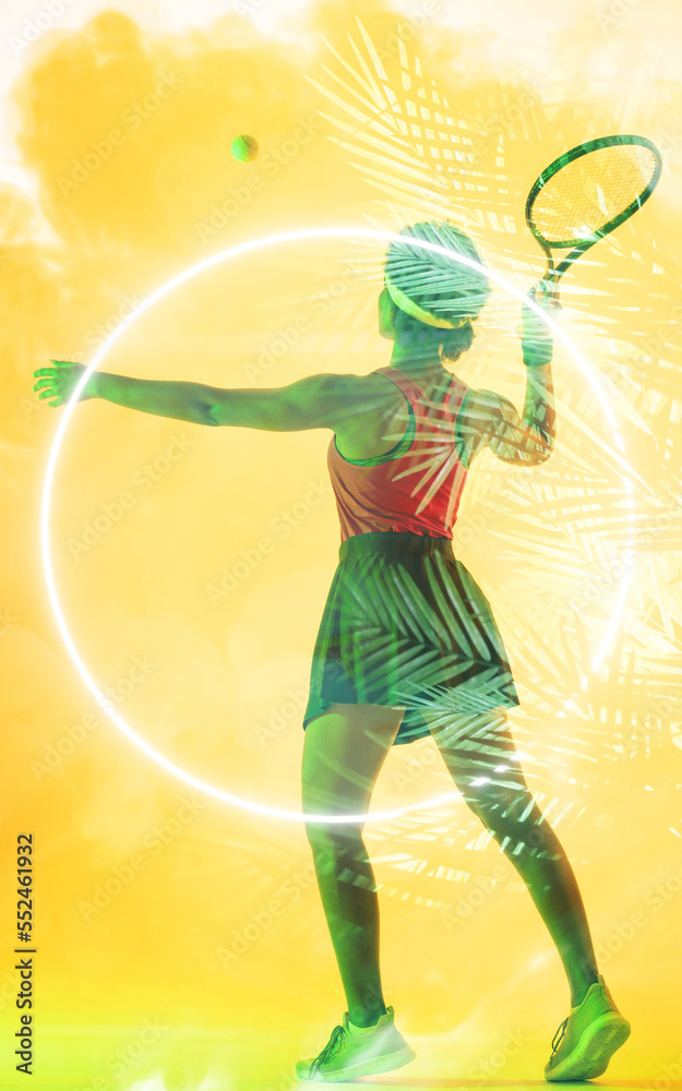 Digital composite of african american female tennis player practicing over neon and leaf pattern