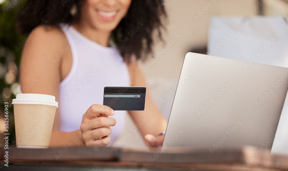 Online shopping, smile and woman with laptop and credit card surfing internet for Christmas gift in 