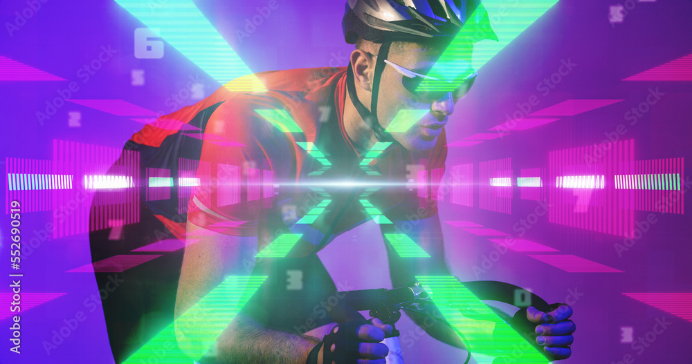 Caucasian male athlete wearing helmet and glasses riding bike over illuminated abstract patterns