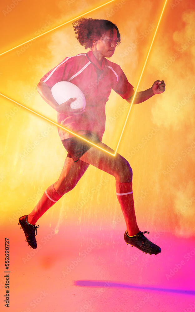 Illuminated triangle over biracial female rugby player with ball running on smoky background
