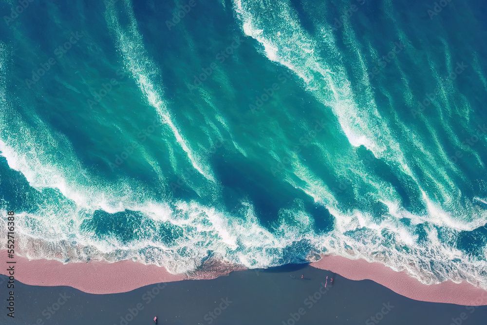 美丽的粉红色海滩的无人机照片的壮观俯视图。生成人工智能。