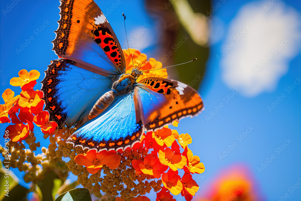 美丽的春夏图像，蝴蝶在橙色的亚特兰大花上，在明亮的阳光下映衬着蓝天