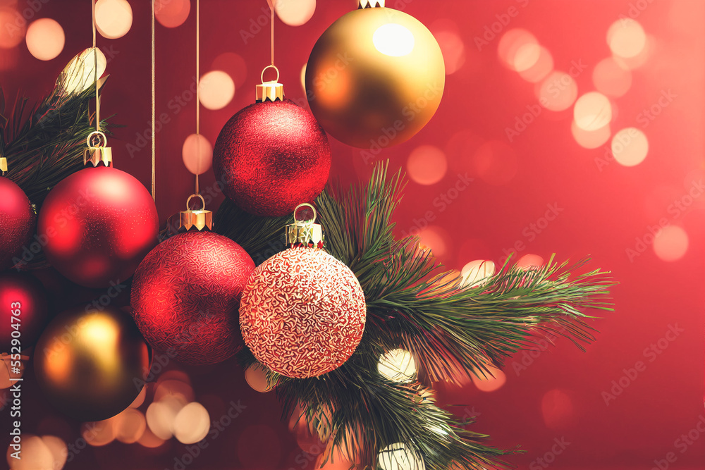 Christmas celebration background decorated with spectacular baubles gift. Generative AI. 